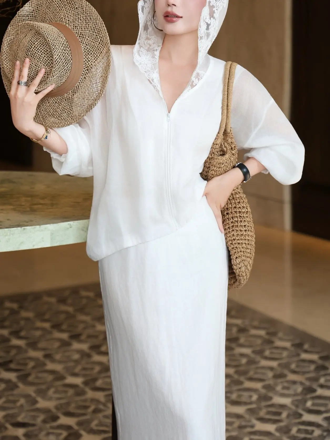 

Summer Commute Style White Lace Splice Hat Women's Loose Light Elegant Top New Model UV Protection Clothing with Hat