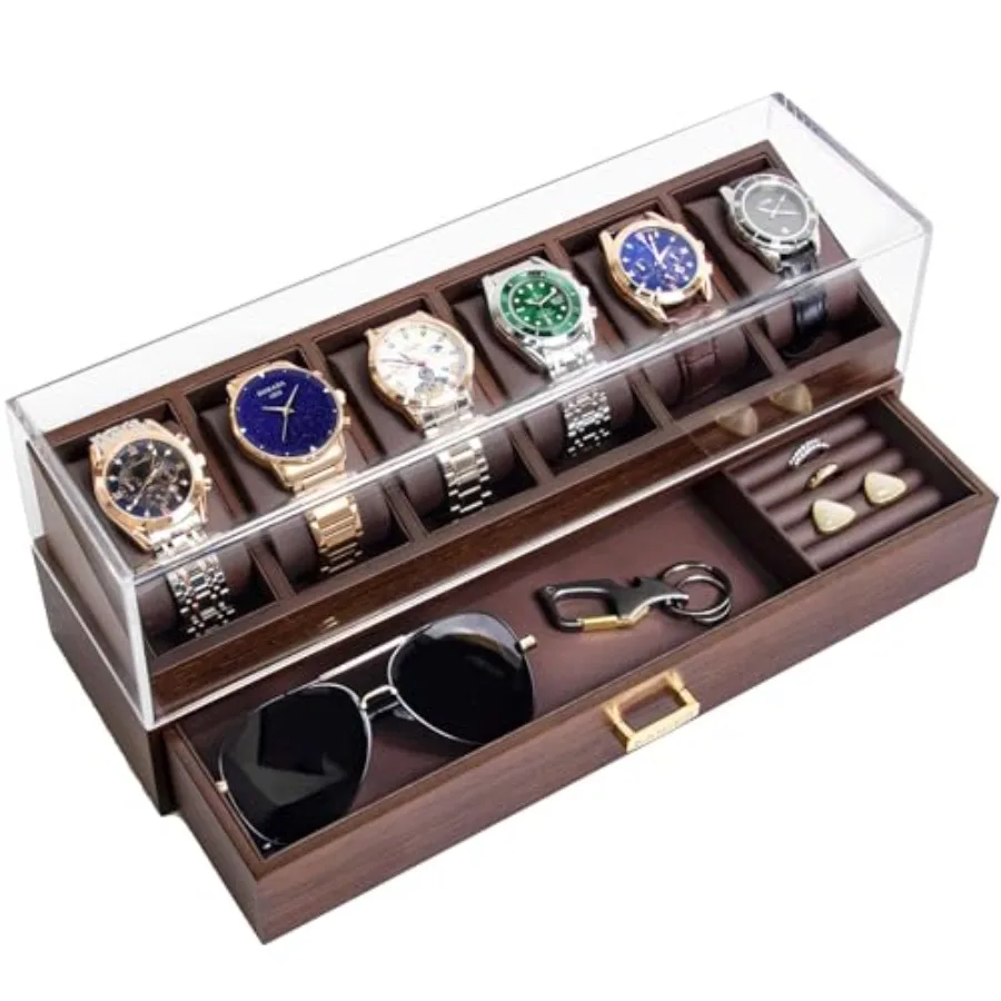 

High End Wooden Watch Box with 6 Slots Glass Lid - 2-Layer Jewelry Organizer for Men - Watch Display Case Ideal Business Gift f