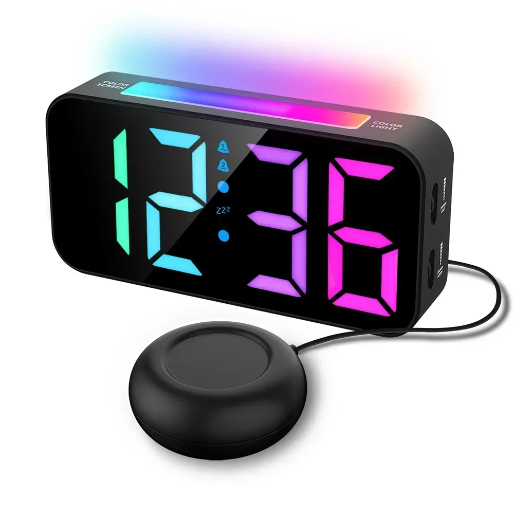 Super Loud Vibrating RGB Digital Alarm Clock Mood Light Bed Vibrator Snooze 2 Alarms USB Powered Table Clock for Heavy Sleeper