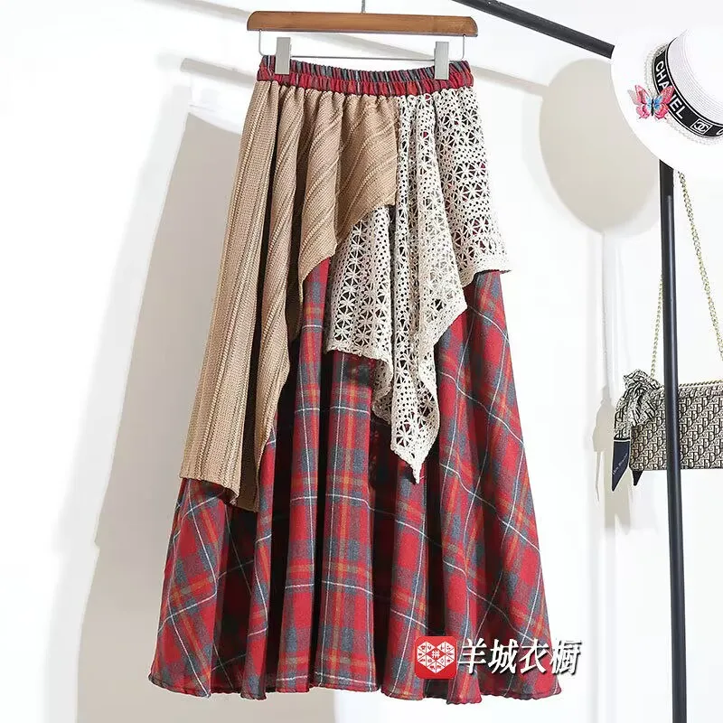 

Autumn Winter Vintage Patchwork Woolen Long Skirt Women Japanese Mori Girl High Waist A-line Pleated Skirt