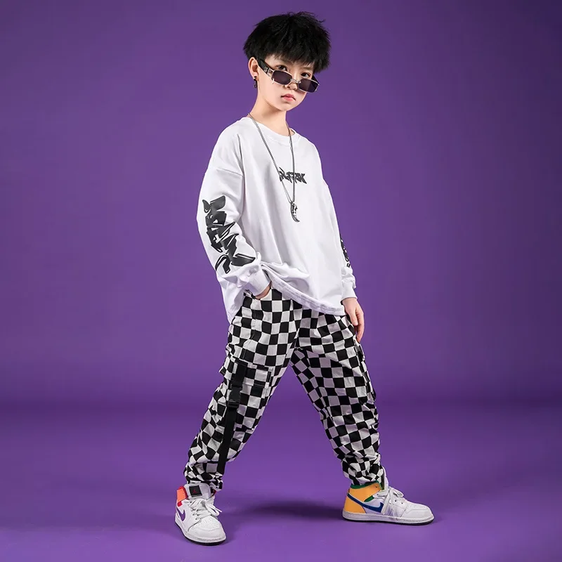 Boys Hip Hop High Collar Vest Sweatshirt Plaid Joggers Outfits Girls Cargo Pants Clothes Sets Child Jazz Costume Kids Streetwear