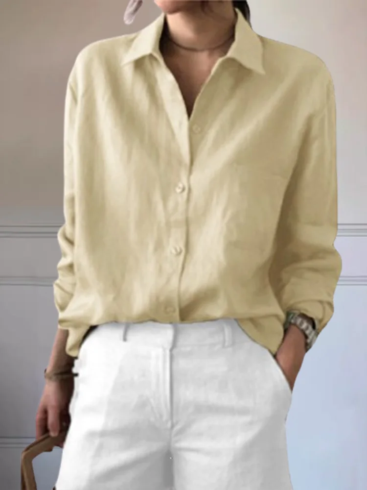 Nice Classic Solid Color Shirt Women's Button Long Sleeve V Neck Blouse Elegant Spring Autumn Top
