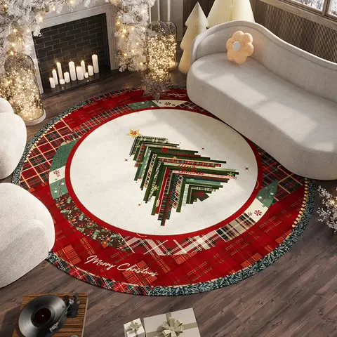 Christmas Red Plaid Snowflake Carpet Non-slip Mat Rug for Christmas Tree Living Room Home Decoration Easy Clean Bedroom Decor