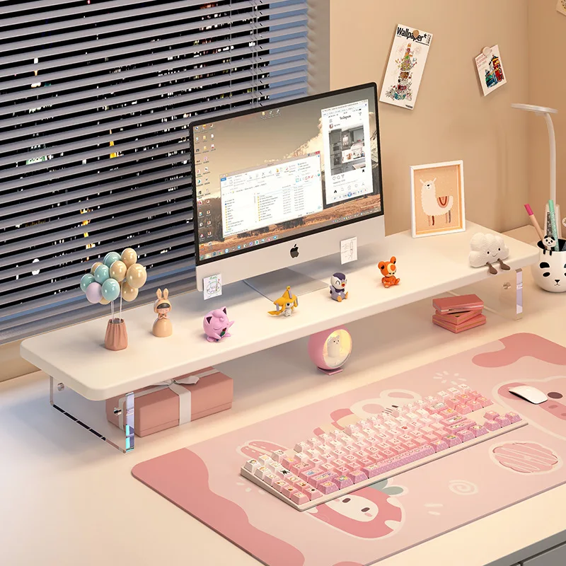 Wooden Monitor Riser Stand Acrylic Adjustable Height Monitors Storage Support Office Desktop Computer Holder Monitor Organizer