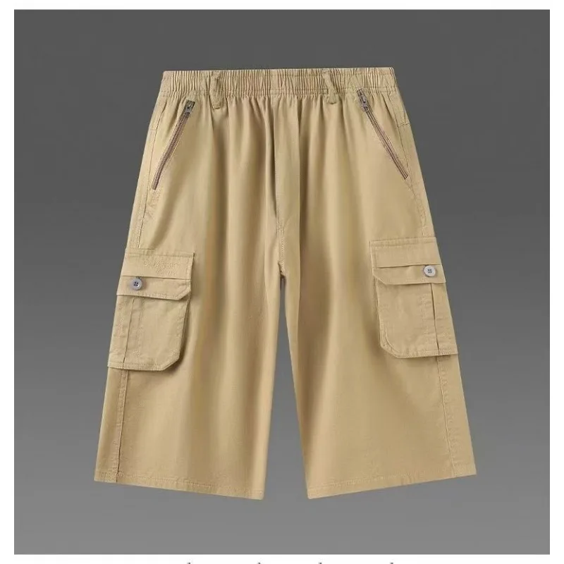 

Men's Summer Cotton Cargo Capri Pants Multi Pocket Zip Loose Elastic Waist Casual Shorts for Elderly