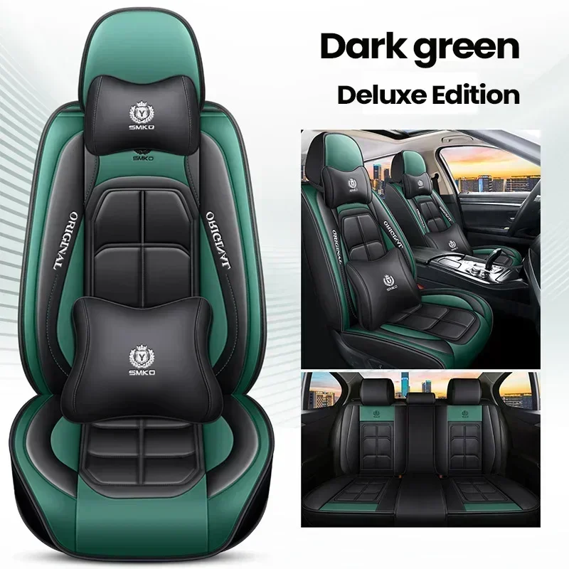 Fundas de asiento Juego completo universal de 5 asientos, cuero de PVC de lujo totalmente rodeado de fundas de asiento de coche impermeables delanteras y traseras