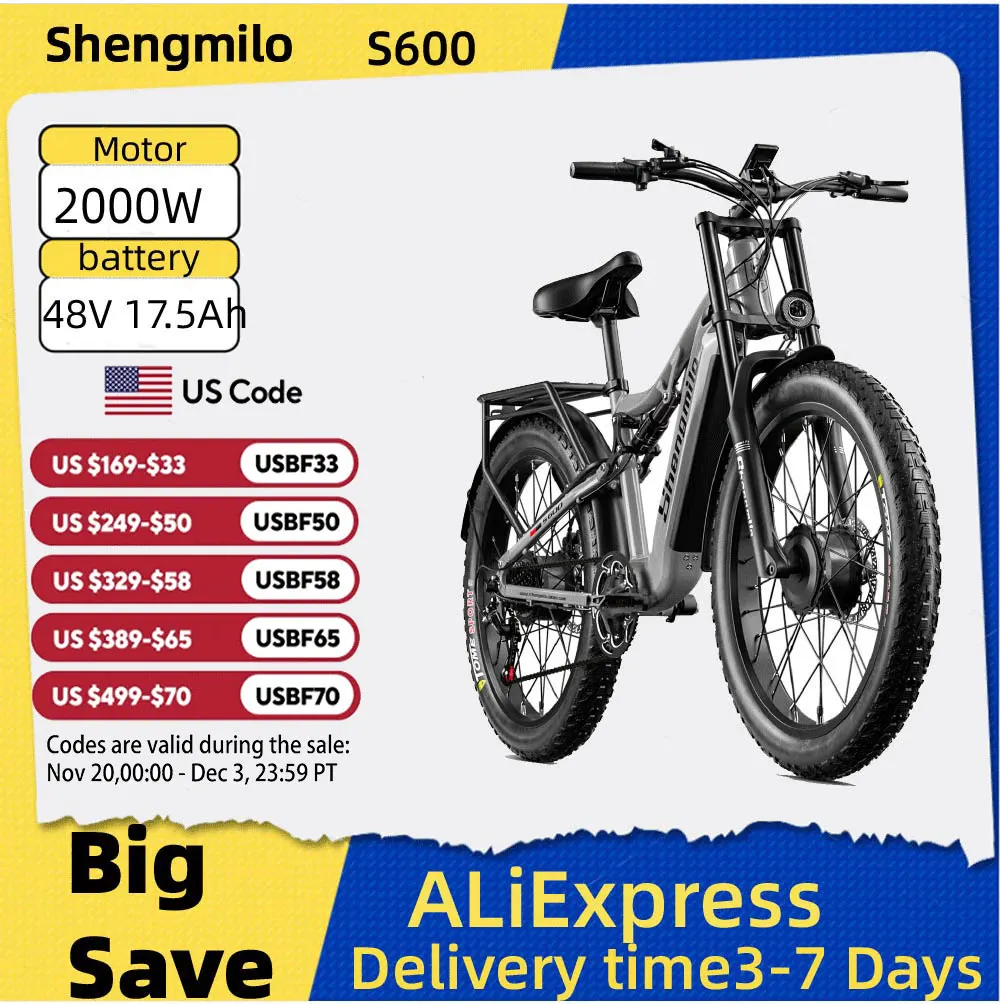 

Shengmilo S600 Adult Electric Bicycle 2000W Men's E-Mountain bike with Two Motor, 48V840WH Battery,26" Fat Tire Electric Bike
