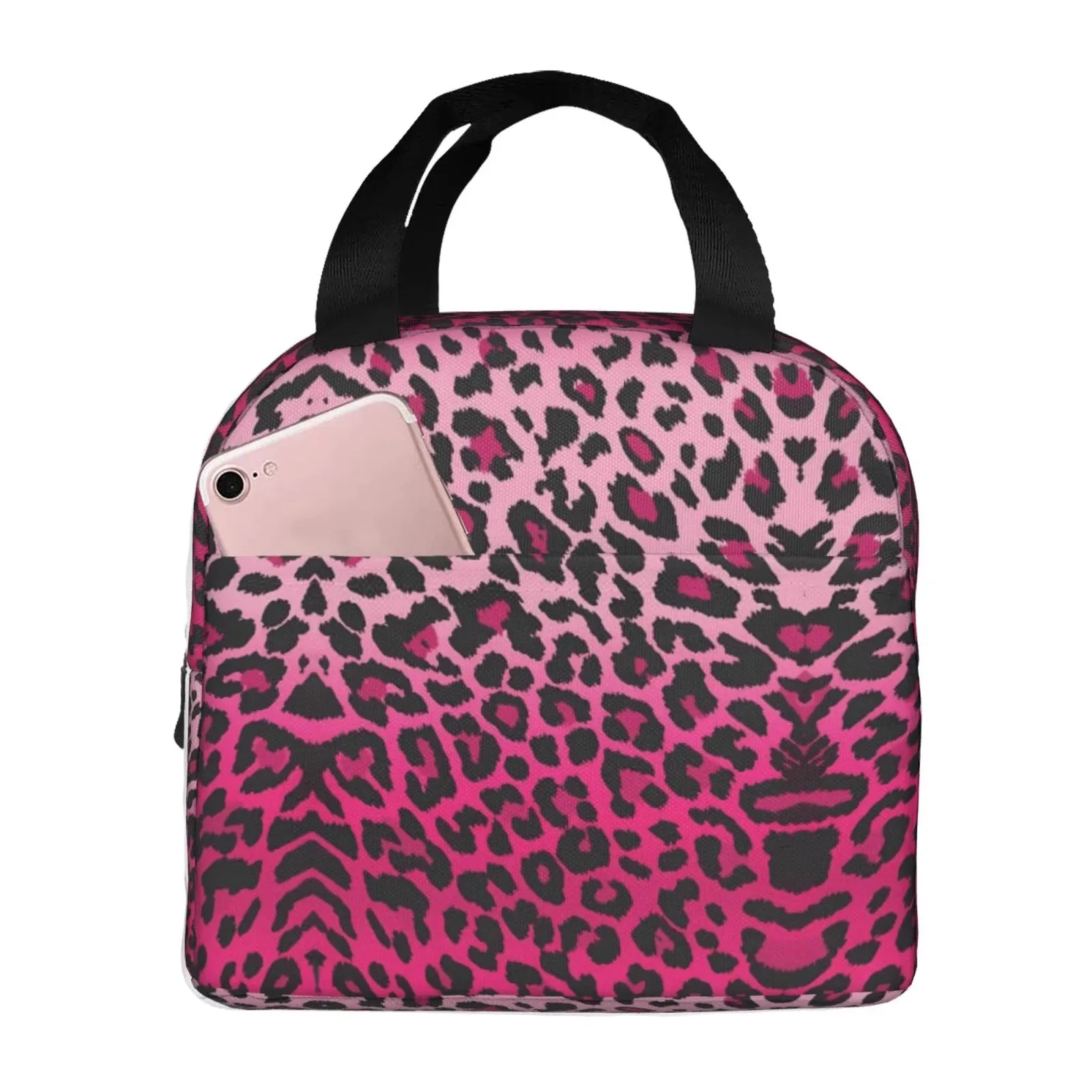 Pink Leopard Lunch Bag Durable Oxford Thermal Cooler Box Funny Animal Print Portable Insulated Tote for Girls School Picnic