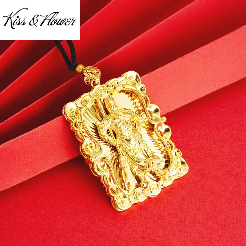 

KISS&FLOWER 24KT Gold Guangong Necklace Pendant For Men Vintage Fine Wholesale Jewelry Wedding Party Groom Father Gifts PD124