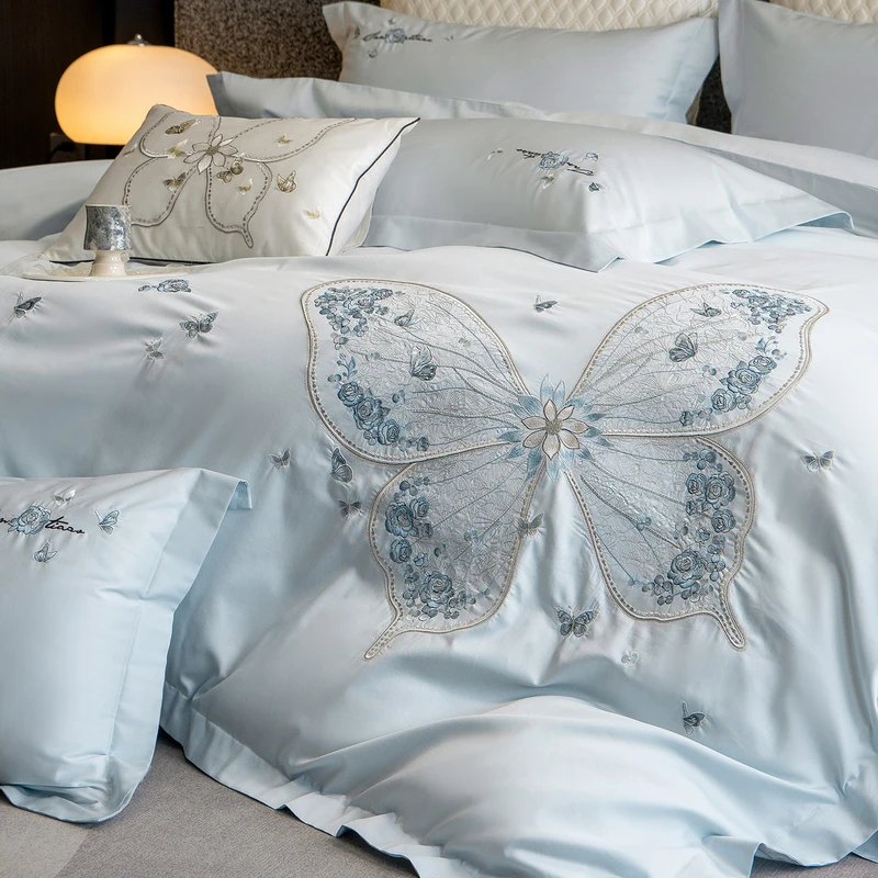 Luxury Butterfly Flowers Embroidery 100% Cotton Bedding Set 4 Pieces Pure Cotton Duvet Cover Flat/Fitted Bed Sheet Pillowcases