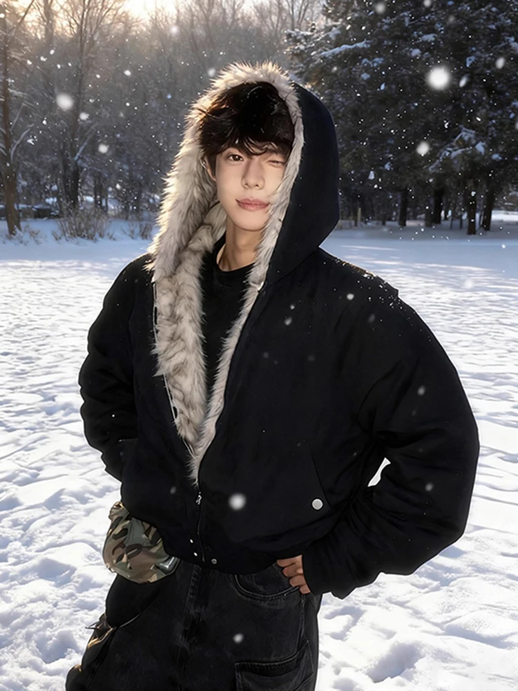 

Bla Canvas Cotton Jaet for Men Winter American Retro Fur Collar Hooded Youth Cotton Clothes Trendy Brand Mountain Eagle