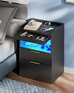 

Night Stand with Hidden Comparent, Black LED Nightstand with USB/Type-C Charging Station, ern Bede Table with 3 Ders, or Bedroom