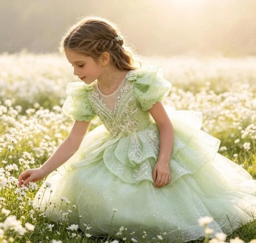 custom-luxury-dress-flowergirl-wedding-pageant-light-green-puff-sequin-tulle-kid-luxe-birthday-guest-evening-runway-show-gown