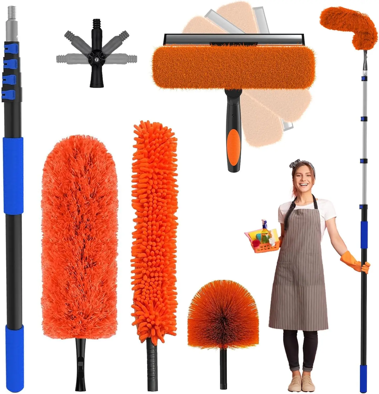 

26ft Extendable Cleaning Kit with Telescoping Pole, Cobweb Duster, Window Squeegee & Feather Duster for Indoor and Outdoor Use