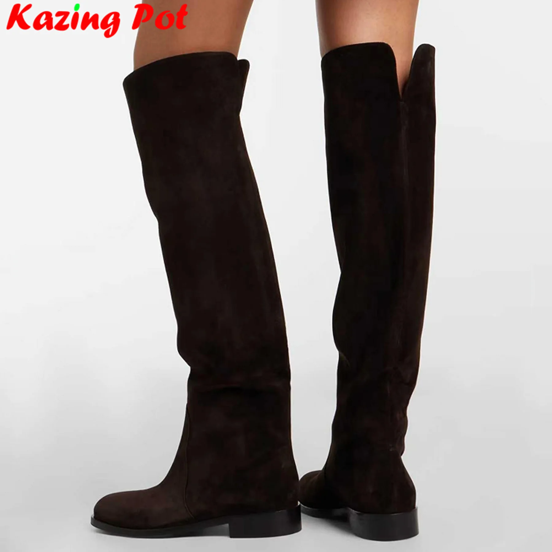 Übergröße 35-46, mittelhohe Absätze aus Rindsleder, runde Zehenpartie, lange Stiefel zum Hineinschlüpfen, elegante, moderne Luxusmarke, modische Damen-Overknee-Stiefel