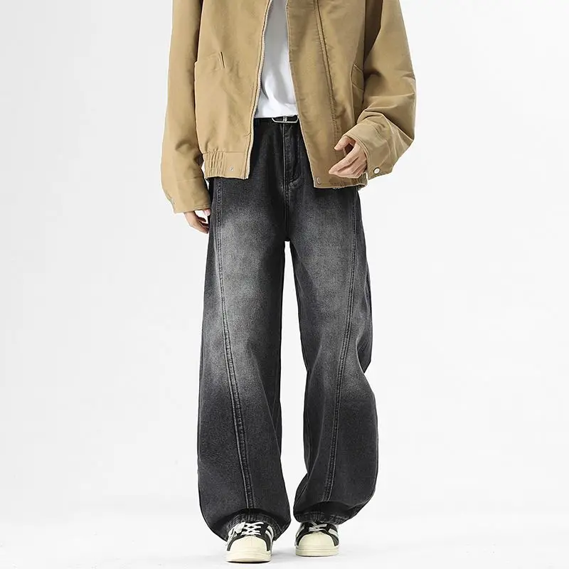 

American style patchwork retro jeans men's 2025 new autumn slightly curved straight tube loose casual trendy brand washed jeans