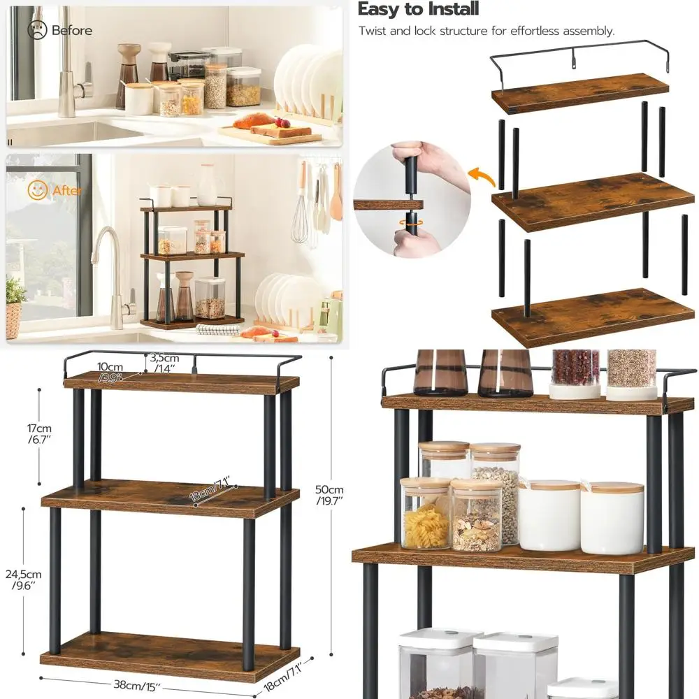 

Portable Corner Shelf Organizer for Kitchen, Office, and Living Room in Rustic Brown & Black