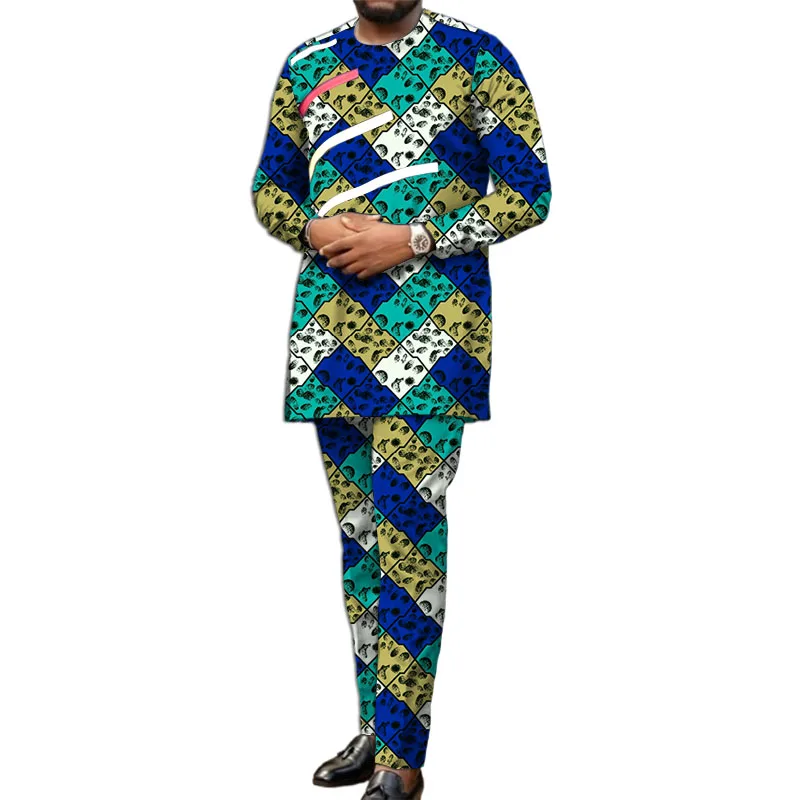 Long Sleeves African Clothes Men Set Nigerian Style Colorful Stripe Patchwork Tops With Pant Groom Suit Male Traditional Outfit