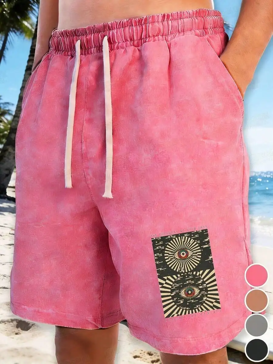 

Mens Washed Cotton Drawstring Shorts With Eye Print, Elastic Waist, Relaxed Fit For Beach And Outdoor Summer Activities