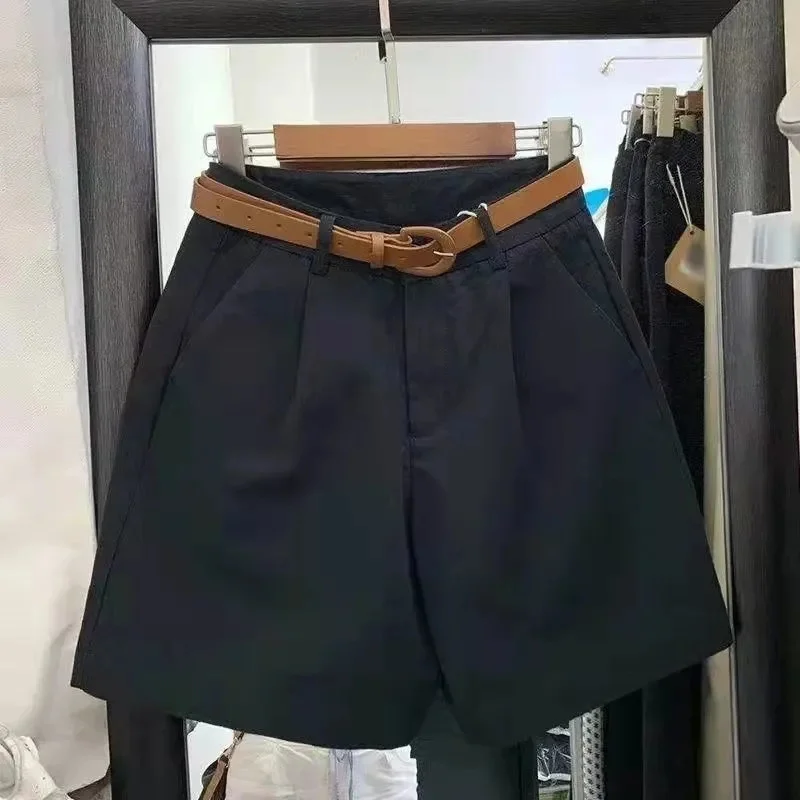 Summer Black Khaki White Outside Wear Cotton Shorts Women Fashion Casual Pants Lady High-waist Thin Loose Wide-leg Pants