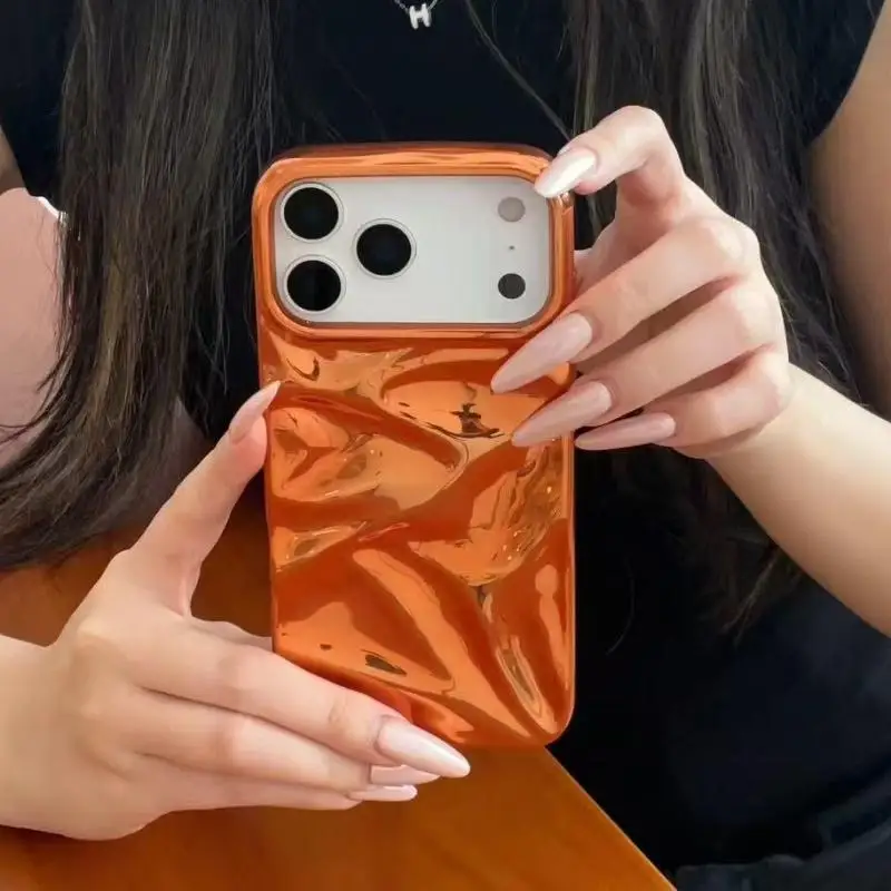 

Роскошный гальванический серебристый 3D чехол для телефона с морщинами для iphone 17, 16, 15, 14, 13, 11, 12, 17 Pro Max, противоударный чехол с водной рябью и воздухом