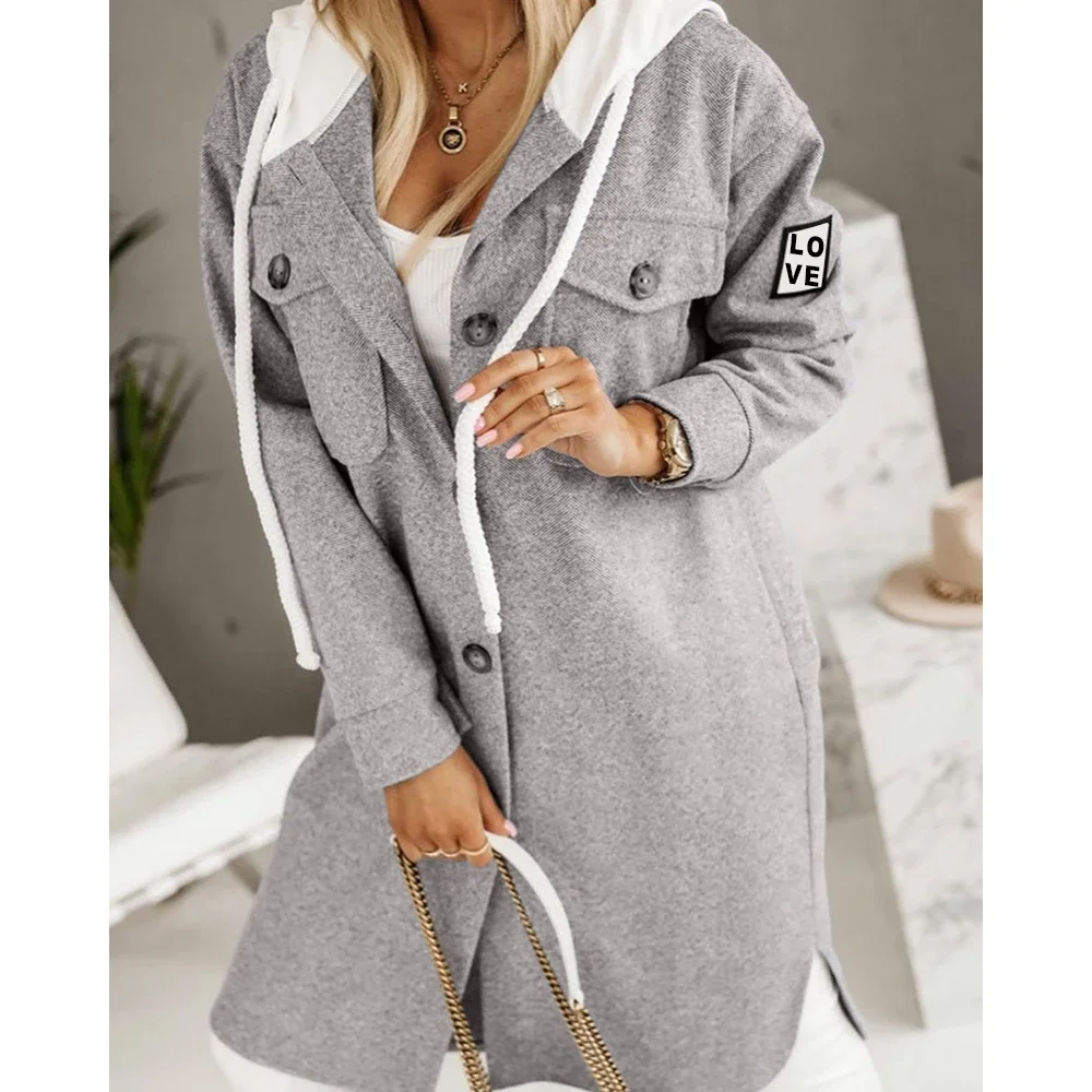 

Autumn Women Buttoned Pocket Design Longline Hooded Coat 2023 Femme Casual Long Sleeve Jacket Office Lady Outfits Clothing