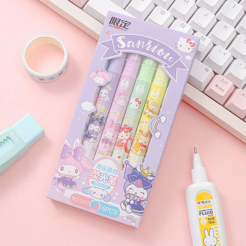 6Pcs Sanrio Highlighter Cartoon Kuromi My Melody Cute Kawaii Student Handbook Colorful Marker Pen Handheld Pen Stationery Gifts