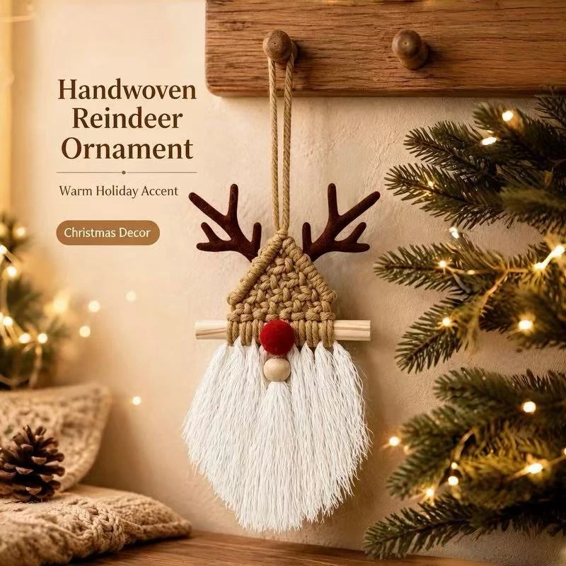 Christmas Reindeer Hanging Ornament Handwoven Tassel Santa Hanging Pendant Boho Christmas Tree Decoration Holiday Wall Decor
