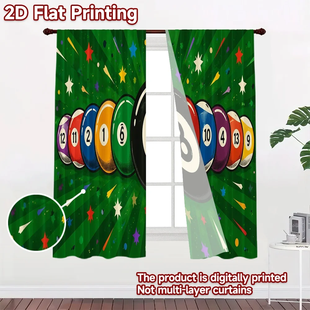2D FLAT PRINTING 2pcs Curtains (Without Rod) Colorful Billiard Balls Display Chic Light Filtering Curtains Versatile Polyester