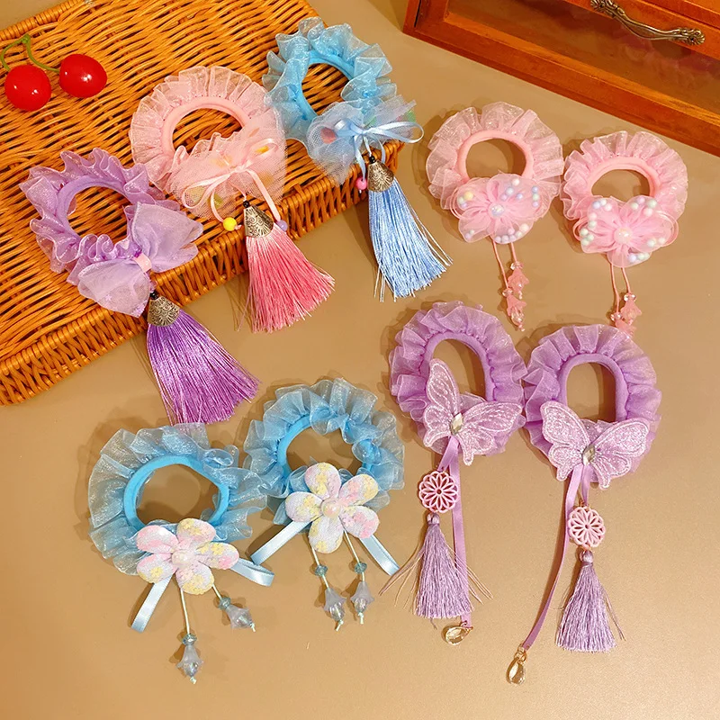 Girls\' Chinese Style Meatball Scrunchies Baby\'s High Beauty Tassel Hair Rope Children\'s Hanfu Headband Headwear