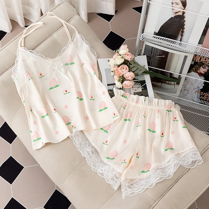 2024 New Sexy Floral Print Pajamas Women\'s Nightwear Lace V-Neck Ice Silk Pijama