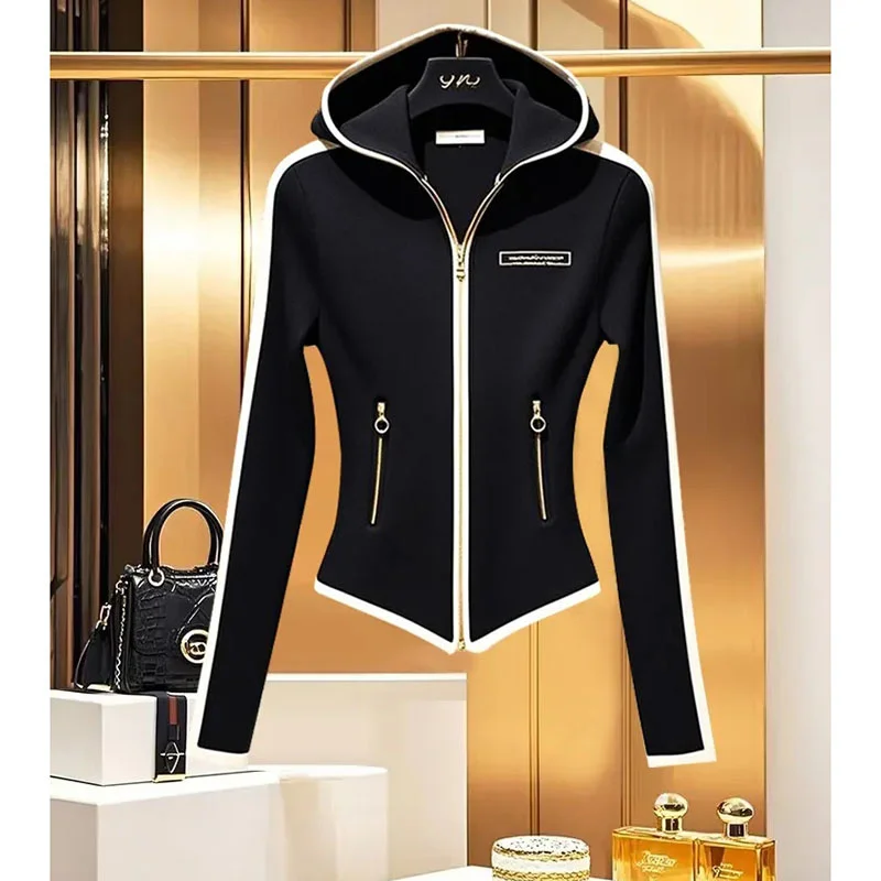 

2025 черное новое модное осеннее тонкое короткое пальто с капюшоном, женская шикарная куртка с вышивкой, женские высококачественные универсальные элегантные топы для женщин