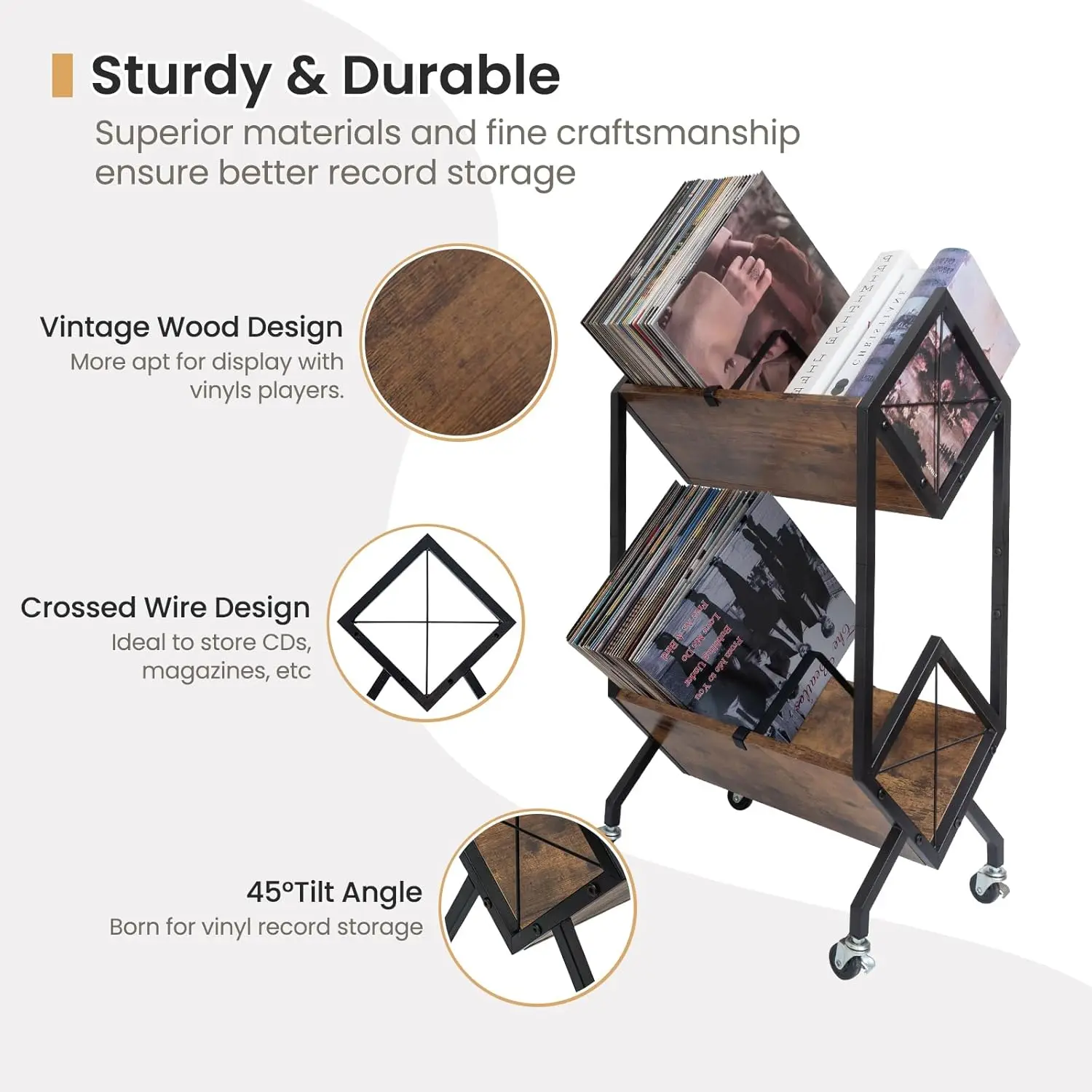 2-Tier Rolling Vinyl Record Storage Rack with Wheels, Holds 160-200 LPs, Retro Style Easy Assembly