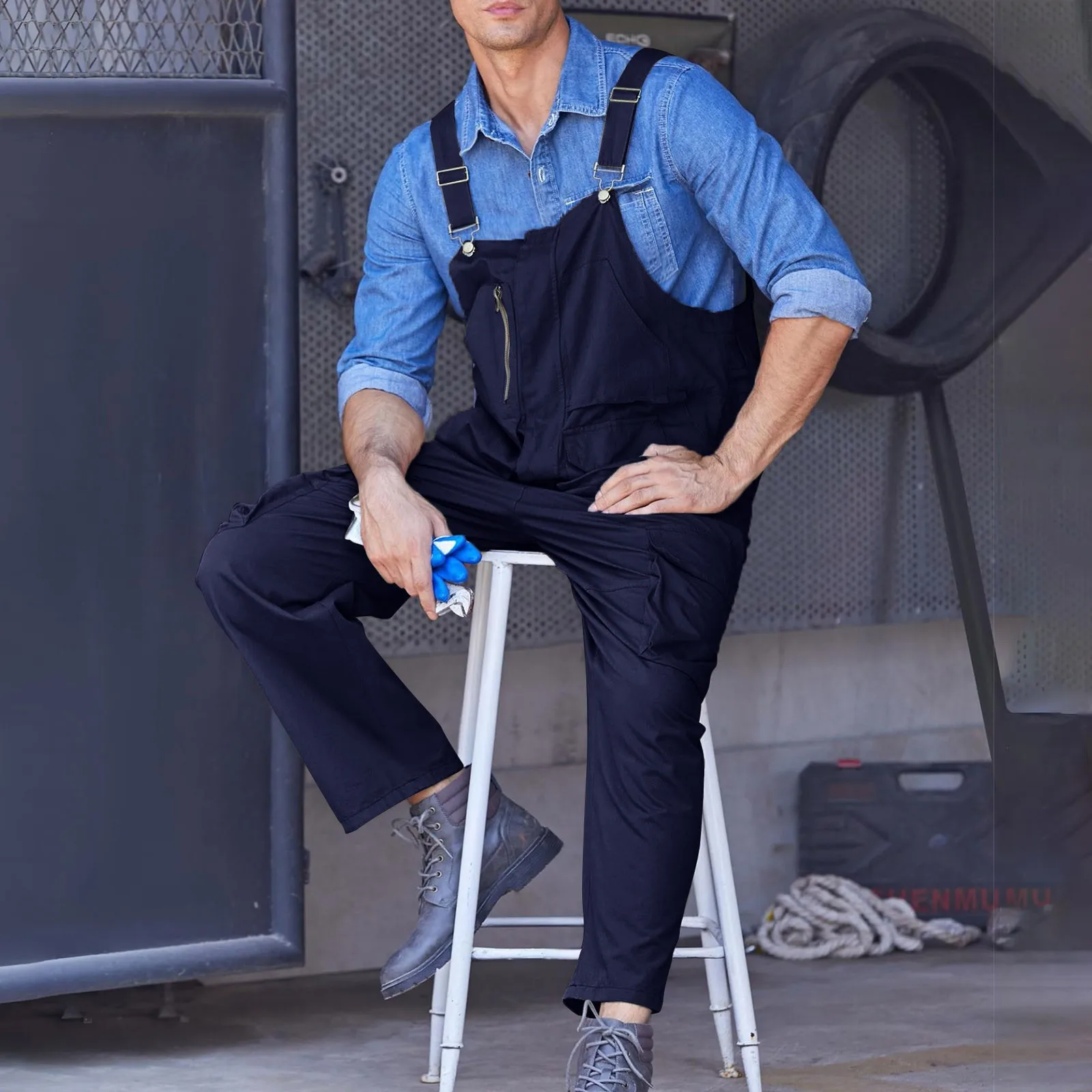 

Комбинезон мужской с широкими штанинами, Модный слюнявчик, благоприятный для кожи Комбинезон-карго, цельный комбинезон с регулируемыми лямками, рабочая одежда