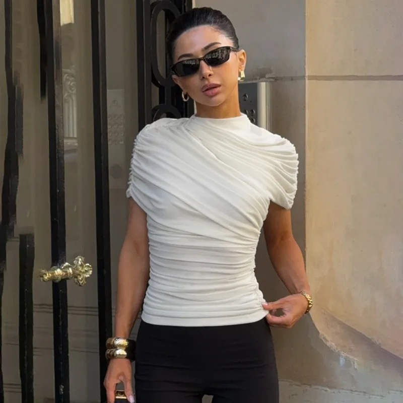 

Talenza White Summer T-Shirt Women's Fashion Pleated Patchwork Bodycon Cropped Tees New Casual Streetwear Elegant Women's Tops