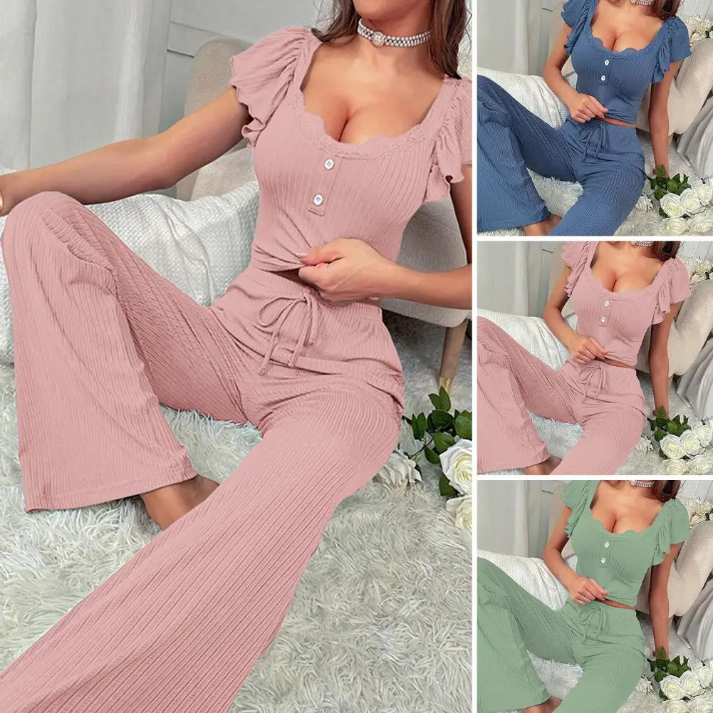 طقم بيجامة نسائي أنيق ، أكمام قصيرة ، بنطال خصر مرن ، بلوزة برقبة مغرفة ، ملابس نوم ليلية ، الصيف