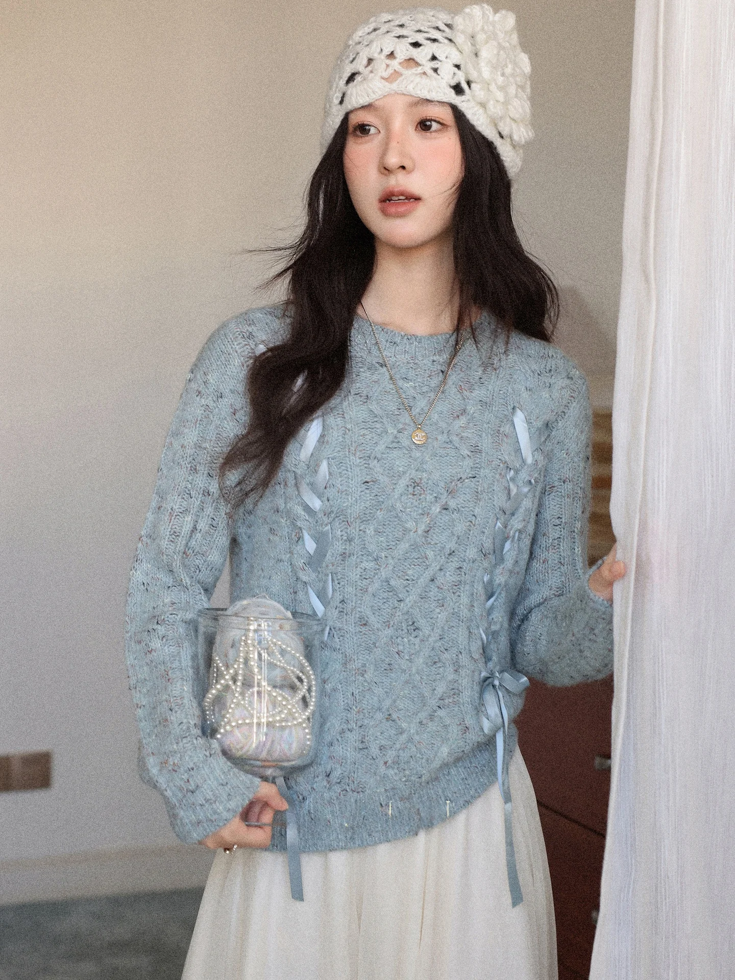 

Свободный вязаный свитер с длинными рукавами для женщин, осенне-зимняя новинка, с узором косы, повседневный, с круглым вырезом, трикотажный топ