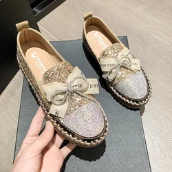 Nova mulher brilhando strass mocassins bowknot deslizamento-on grosso botton casual senhoras sapatos de cristal feminino plataforma tênis esportes