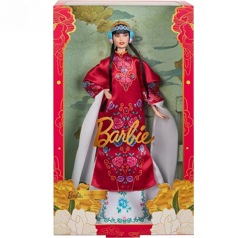 Original Barbie firma muñeca de Año Nuevo Lunar bata Floral roja juguete coleccionable chino para niñas accesorios tradicionales Ópera de Pekín