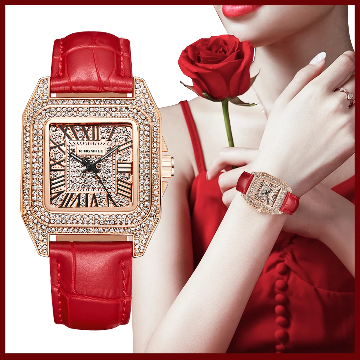 

Wholesale Square Diamond Waterproof Quartz Wrist Watches Fashion Genuine Leather Woman Watch Lady Luxury Wristwatch with Box