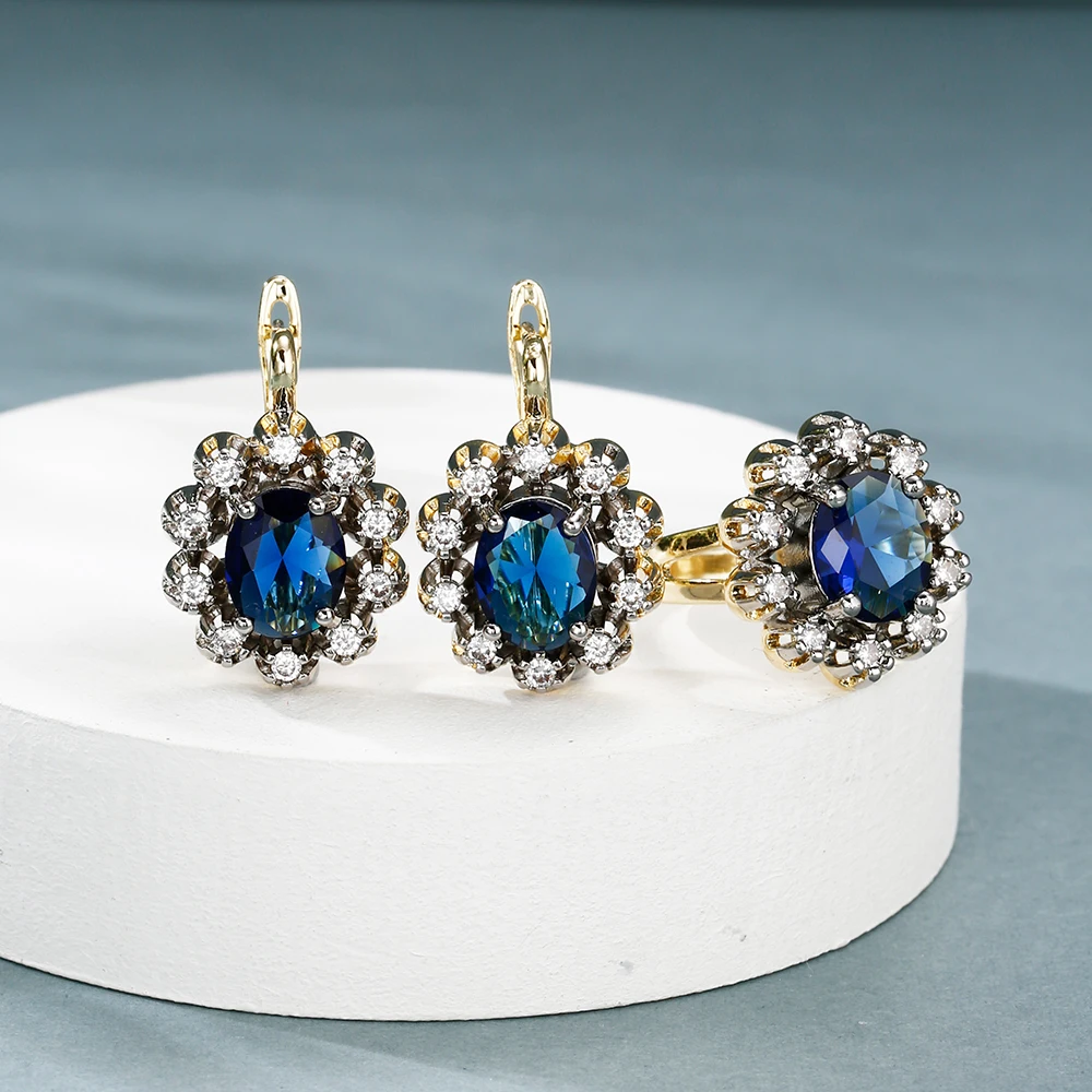 Ovale Zirkonia-Ohrringe und Ring-Set im Vintage-Stil, Modeschmuck, Kupfer vergoldet mit 14K Gold, für Partys, Hochzeiten, Bankette und Feiertagsdekoration