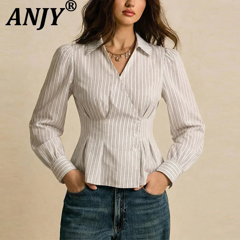 

ANJY Spring Autumn New Women Elegant Slim-Fit Pleated Long Sleeve Striped Shirts Trendy Fashion Casual High Street Blouse A21816