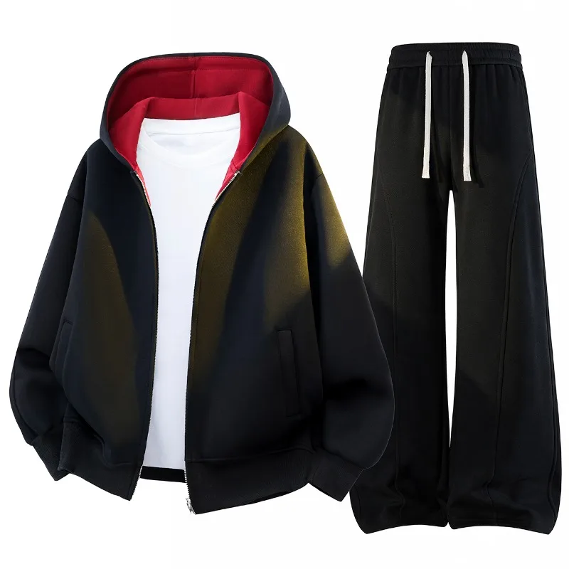 Men Cotton Hooded Zip Up Cardigan 2 Pieces Set Casual Sports Running Outfit Sweatpants