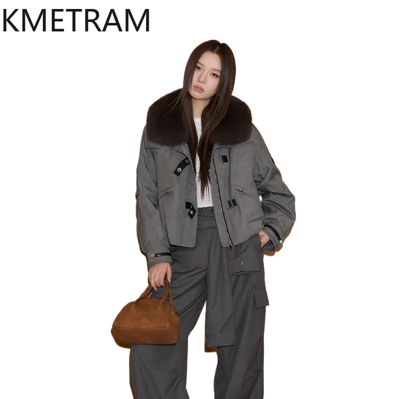 

KMETRAM White Goose Down Jacket Woman Fox Fur Collar Short Parka Women Clothing Puffer Jackets Winter Outerwears 2025 Fourrure