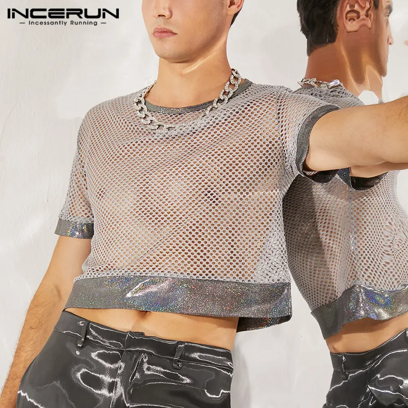 INCERUN Men T Shirt Mesh Patchwork See Through O-neck Short Sleeve Sexy Crop Tops Streetwear Party Nightclub Casual Camisetas