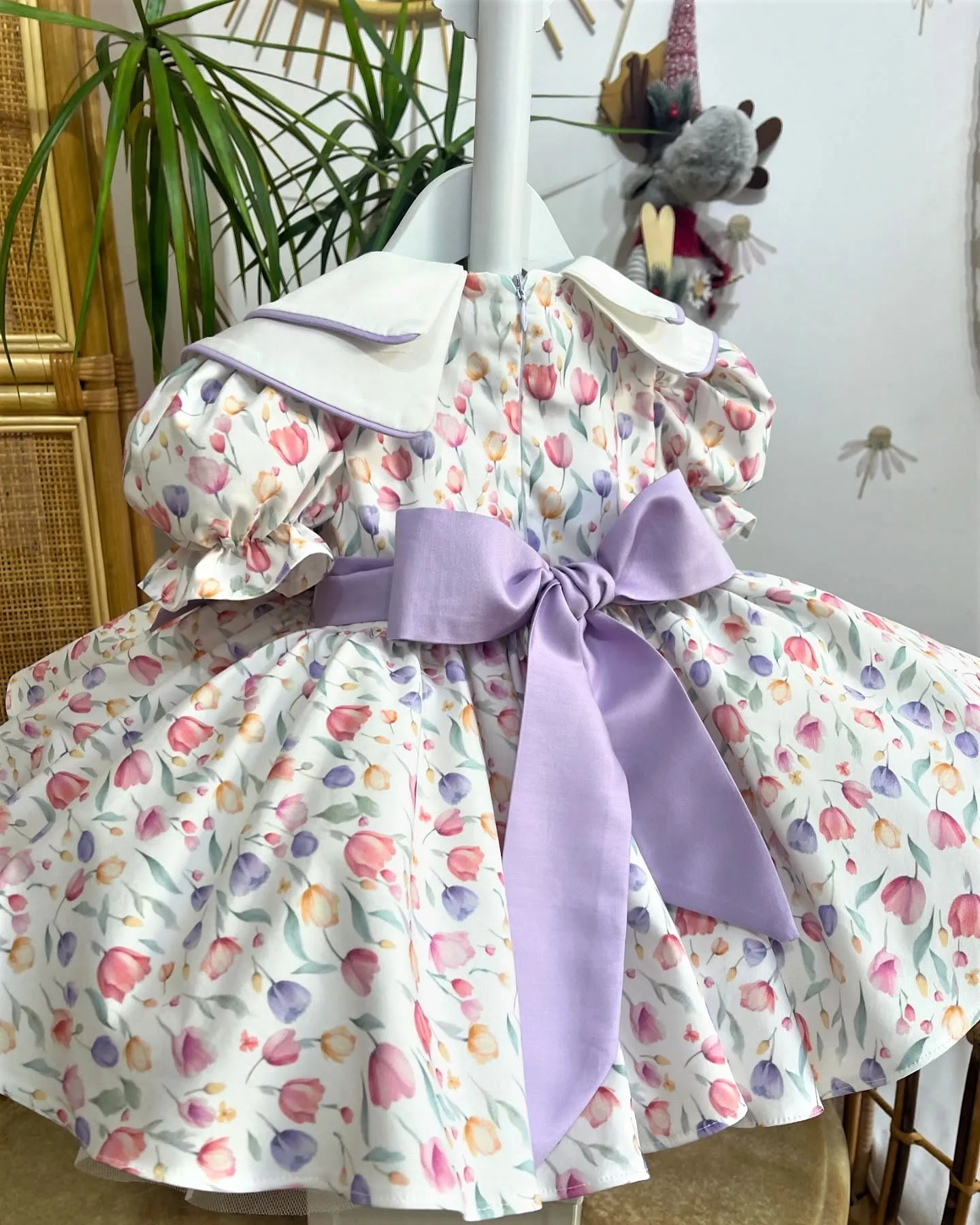Summer Girl Purple Bow Double Neck Tulip Print Dress For Casual Party Birthday Wedding Photography