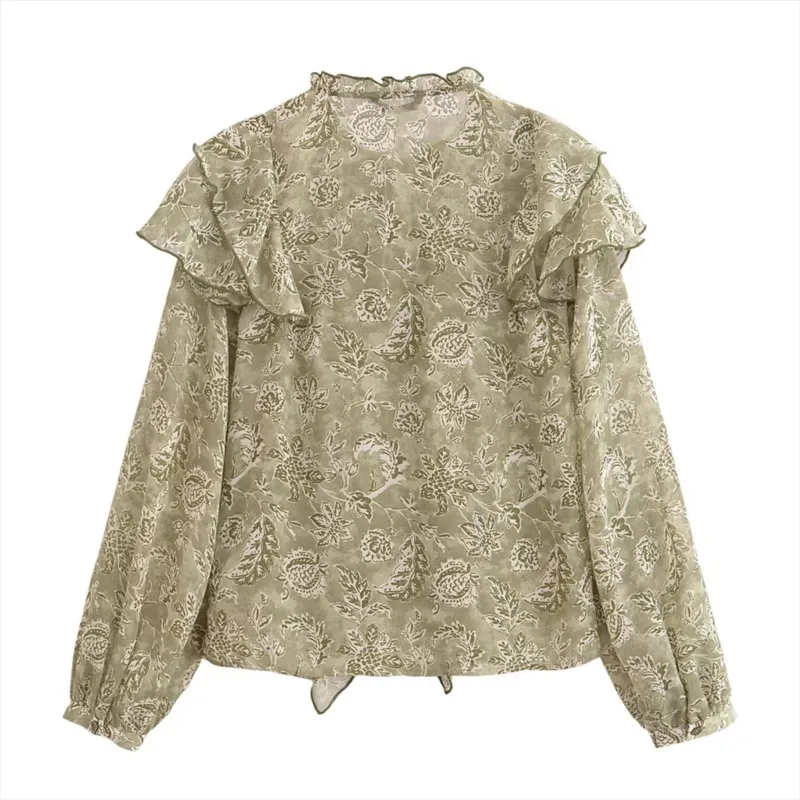 여성을위한 꽃 프린트 셔츠 패션 빈티지 프릴 레이스 업 루즈 블라우스 2025 뉴 여름 세련된 캐주얼 오 넥 긴 소매 셔츠