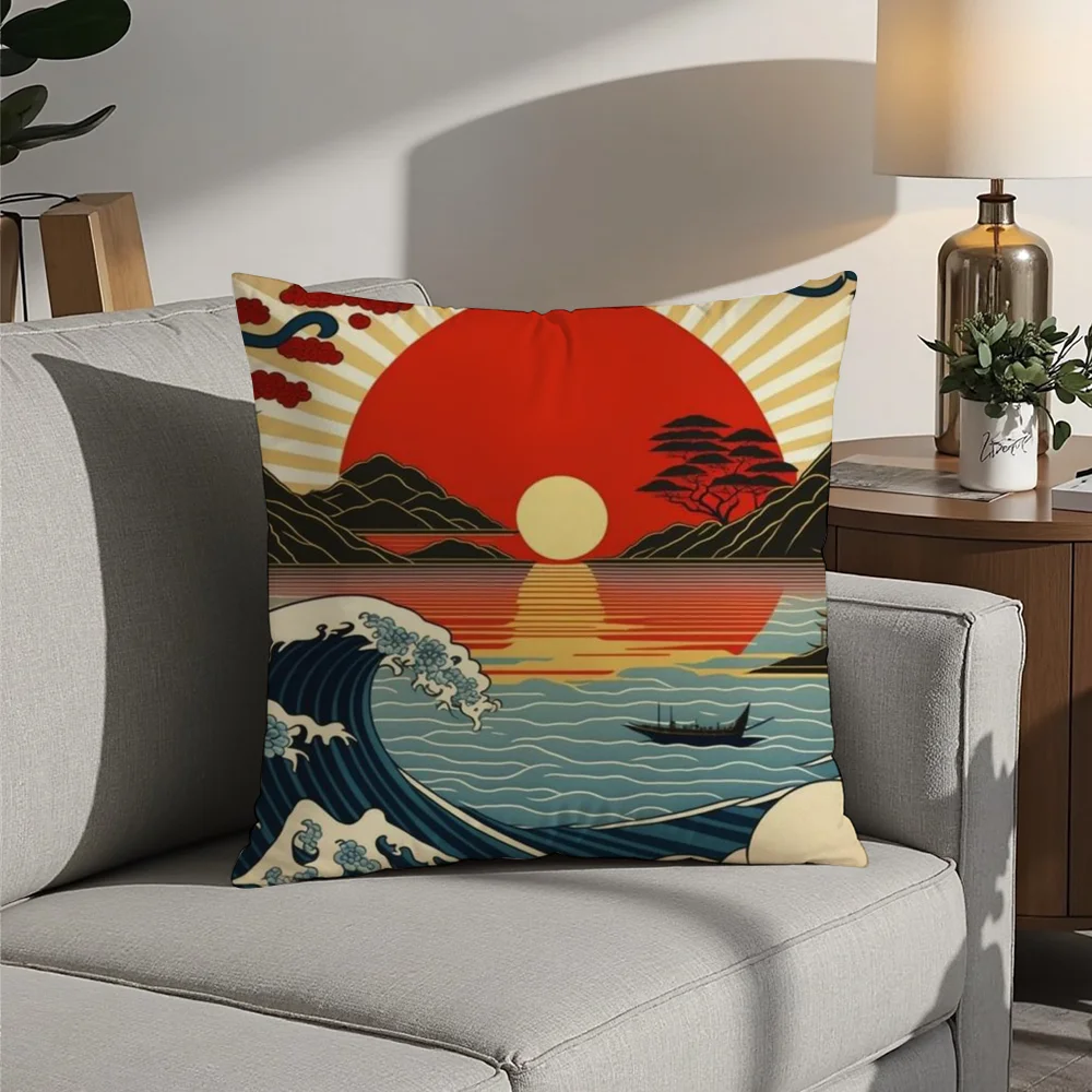 

Japanese Waves Pillow Case Plush Fabric Soft Pillowcase Double Sided Print Cushion Cover Household Gifts