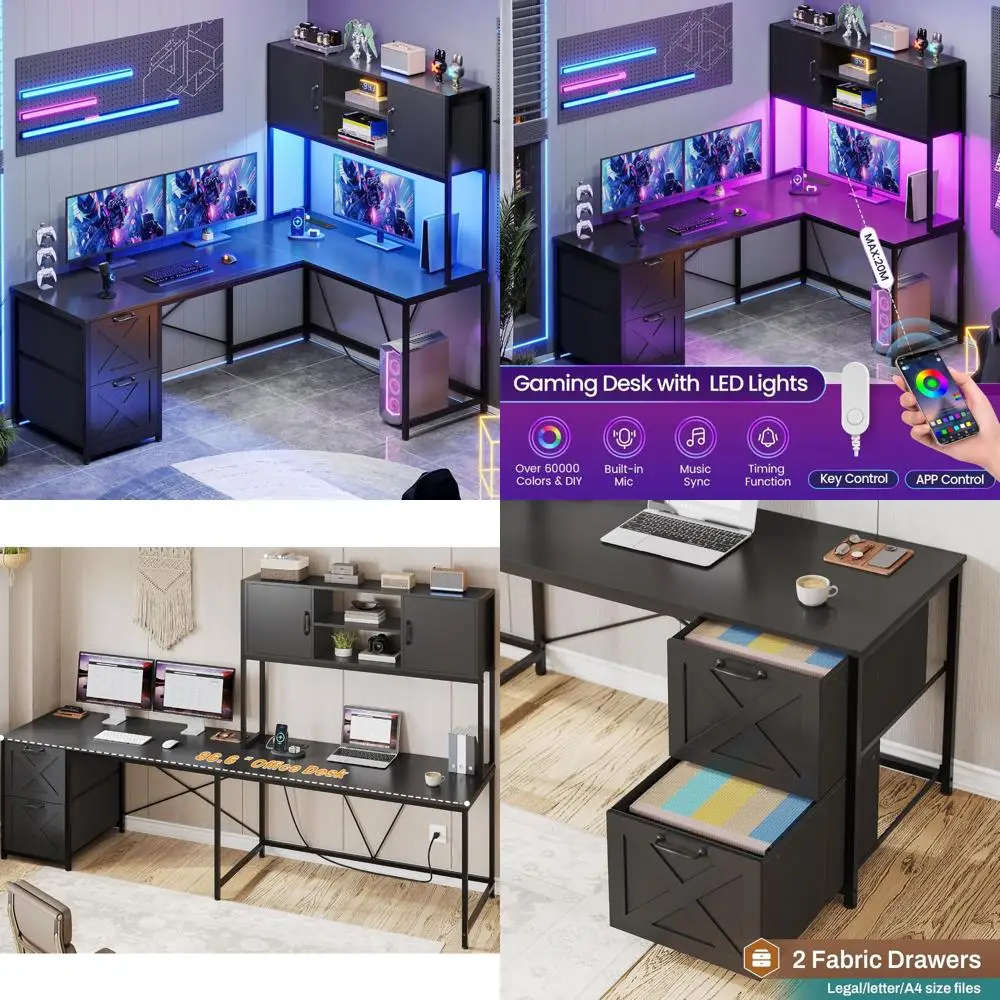 Reversible L-Shaped Corner Computer Desk with Fabric Drawers, Power Outlet, and LED Lights for Gaming