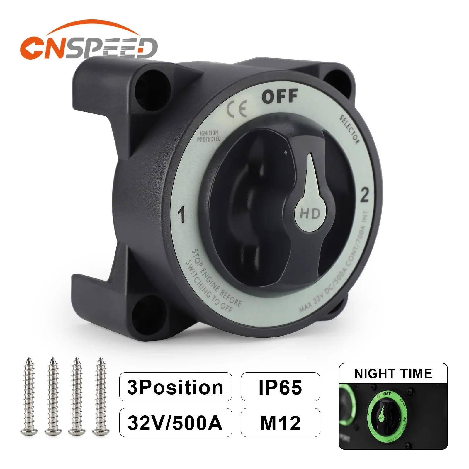 12-48V DC 500A HD-Series Heavy Duty 3 Position Selector Battery Switch with AFD Luminous M12 Isolator Disconnect Rotary Switch